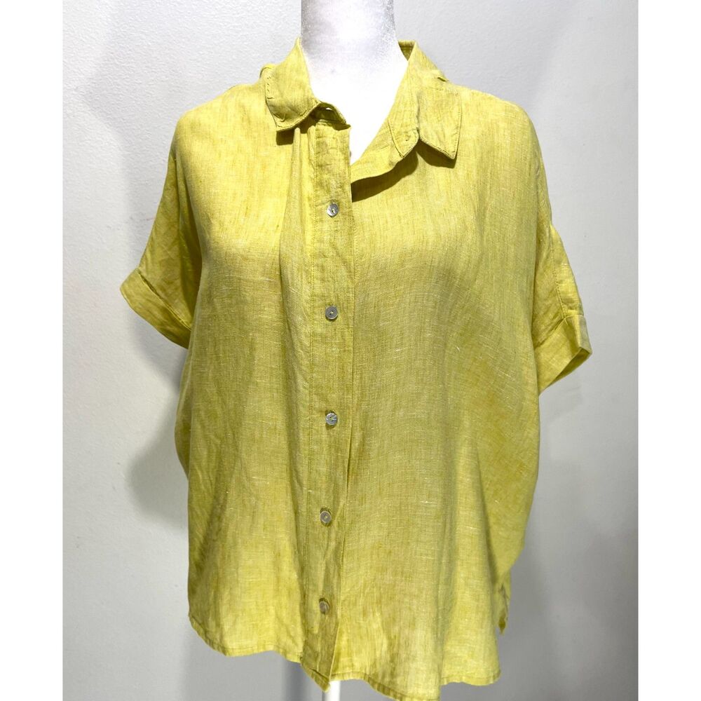 Cynthia Rowley linen shirt green summer casual colorful beach resort women's L